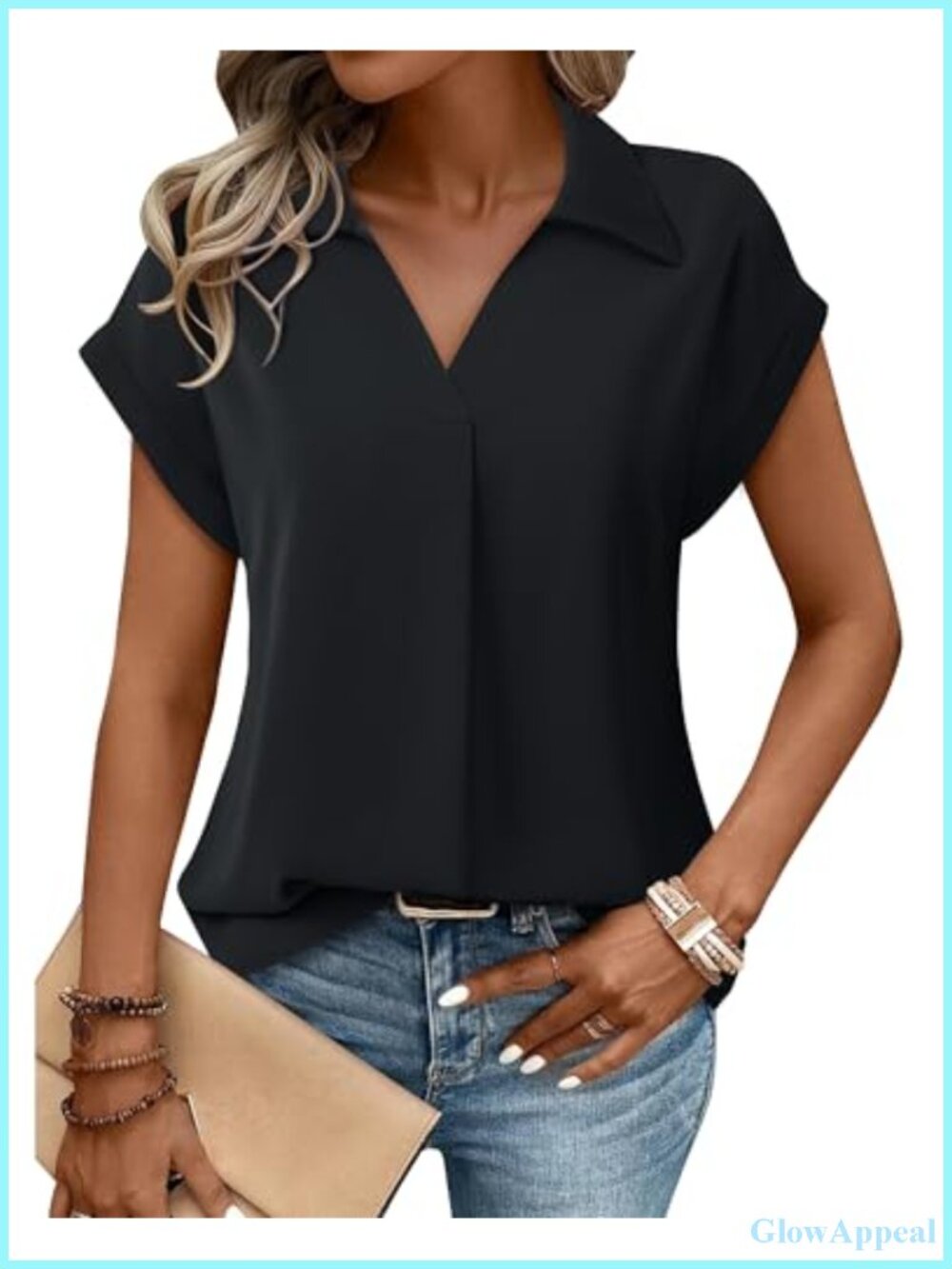 Women's V-Neck Pleated Blouse Short Sleeve Lapel Tunic Work Top